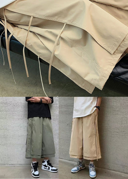 Cool Khaki Pockets Tassel Patchwork Fake Two Pieces Crop Pants Yt004