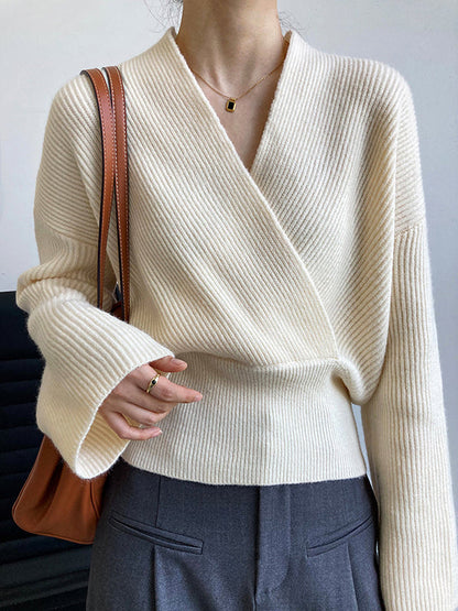 French Grey Cross V-neck Long Sleeve Sweater Qx012