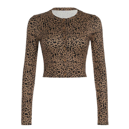 Leopard Single Breasted ��s Tops Long Sleeve Slim Fit Gyaru Clothing T-shirts Autumn