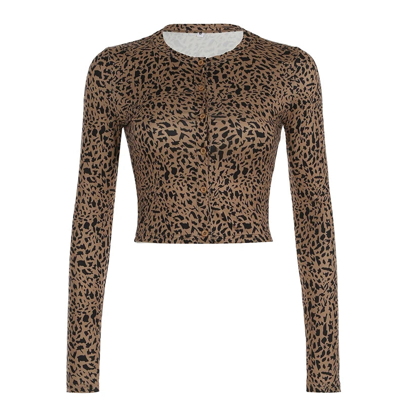 Leopard Single Breasted ��s Tops Long Sleeve Slim Fit Gyaru Clothing T-shirts Autumn