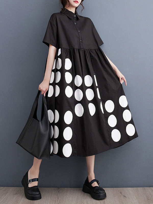 A-line Loose Buttoned Pockets Polka Dot Printed Lapel Midi Dresses