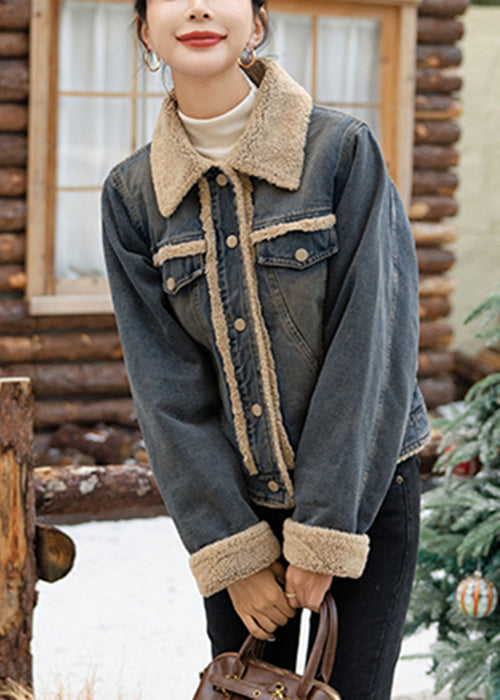 French Beige Button Patchwork Warm Fleece Coats Winter Ry022