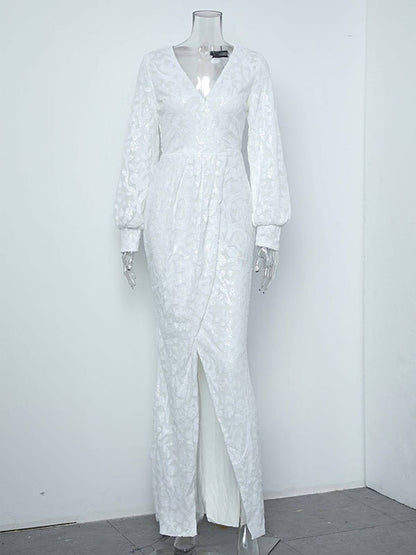 Sequined Color Split-front Tied Waist Bodycon Long Sleeves V-neck Maxi Dresses