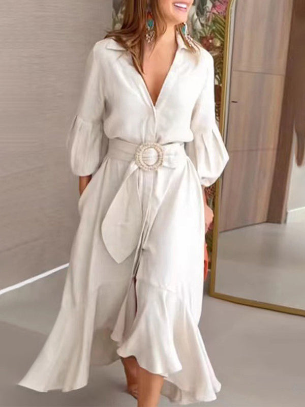 High-low Puff Sleeves Pleated Color Lapel Collar Maxi Dresses