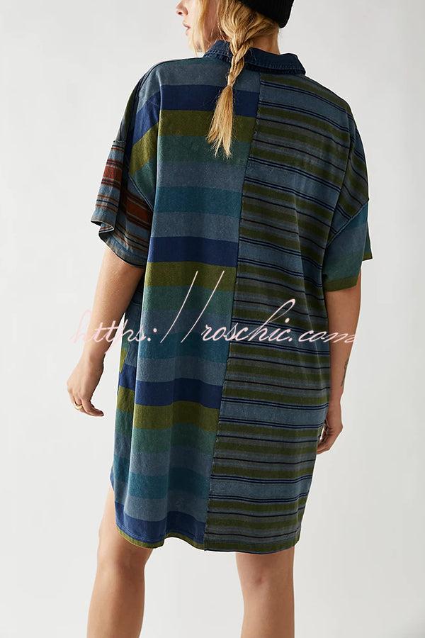 Contrast Striped Patchwork Denim Lapel Loose Mini Dress