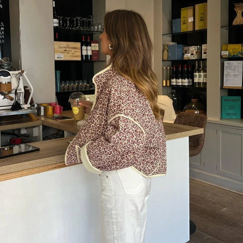 Flower Print Jackets for Pocket Slim Coat Clothes Street Autumn Cardigan Female New Outerwear