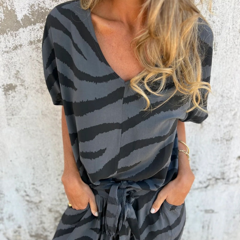 Evelina | Zebra Print V-neck Top and Pants
