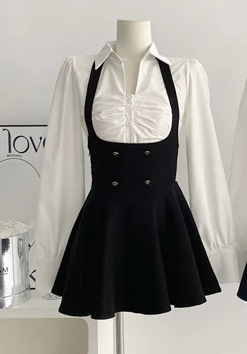 Y2k 3 Piece Set Cropped Coat + Long Sleeve Shirt + High Waist Halter Ruffles Mini Dress Korean Outfits