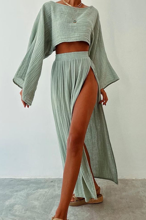 Beach Linen Blend Wide Sleeve Blouse and Elastic Waist Double Slit Skirt Set