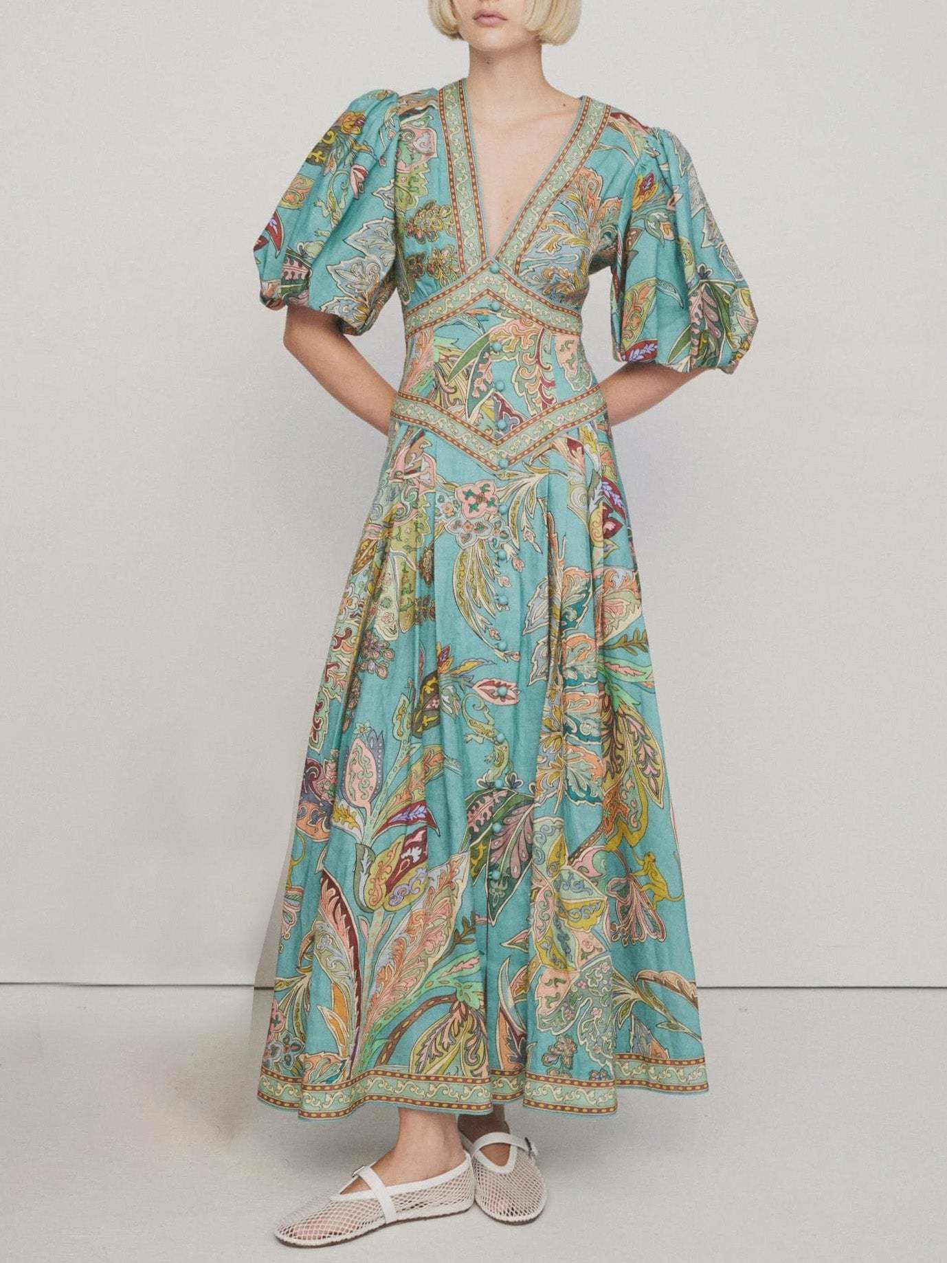 Unique Satin Print Puff Sleeve Midi Dress