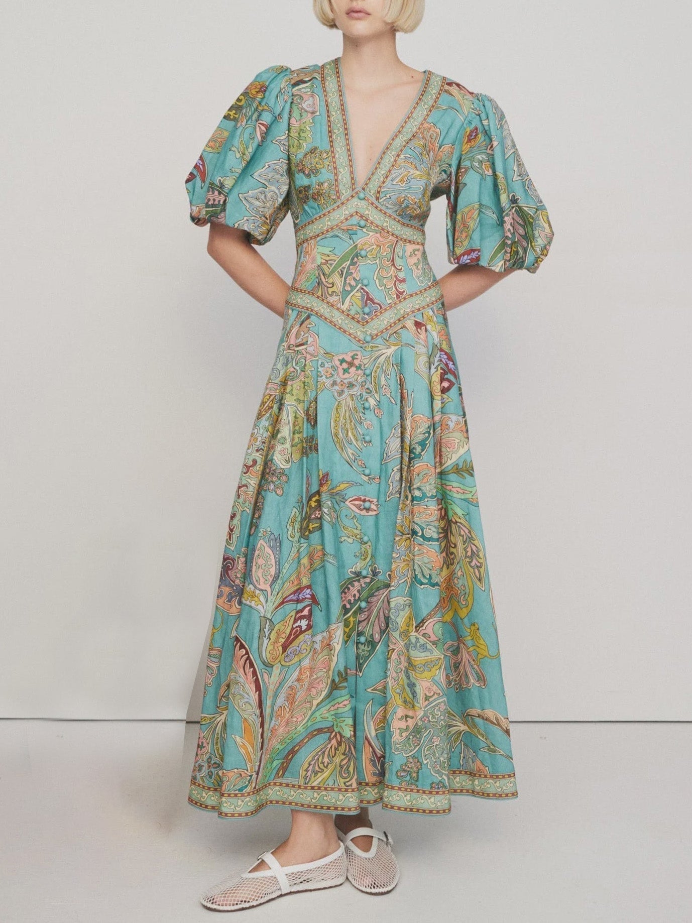 Unique Satin Print Puff Sleeve Midi Dress