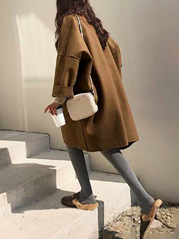 Loose Khaki Notched Collar Buttoned Pockets Long Sleeves Woolen Coat Ws013