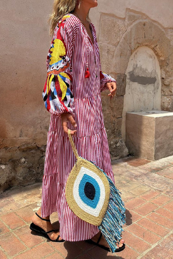 Red and White Striped Print Long Dress