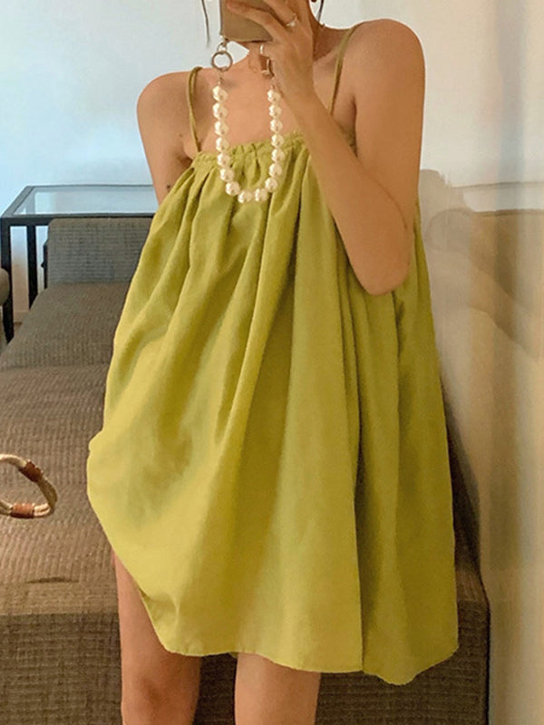 Loose Sleeveless Pleated Color Spaghetti-neck Mini Dresses Slip Dress