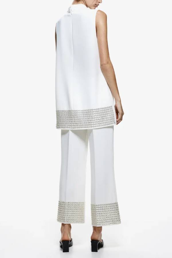Simple but Not Simple Sequin Trim Back Elastic Waist Crop Loose Pants