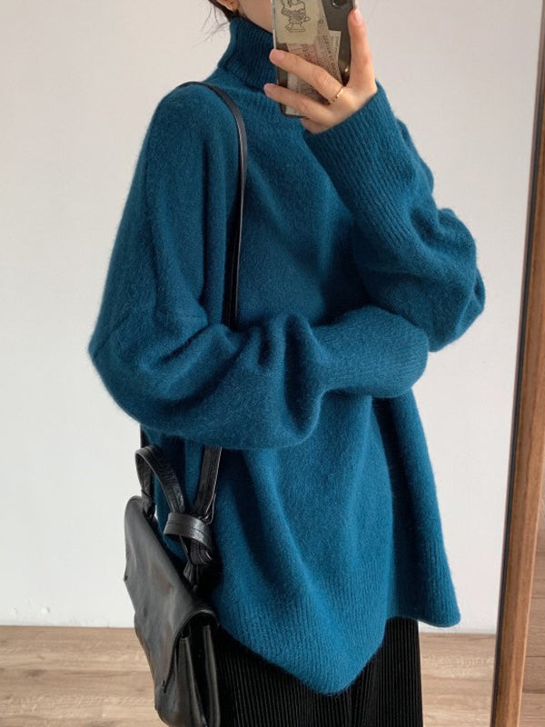 Red High Neck Split Hem Long Sleeve Sweater An1056