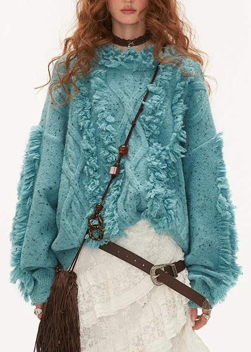 Blue Cold Shoulder Tassel Thick Cotton Knit Sweaters Winter Qx003