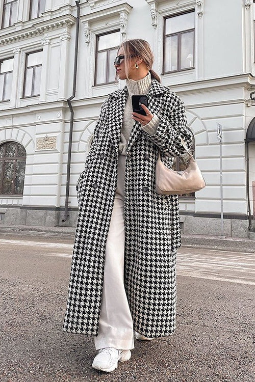 Houndstooth Long Trench Coat Overcoat