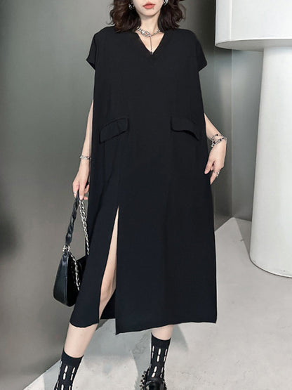 Loose Short Sleeves Asymmetric Color Split-joint Split-side V-neck Midi Dresses