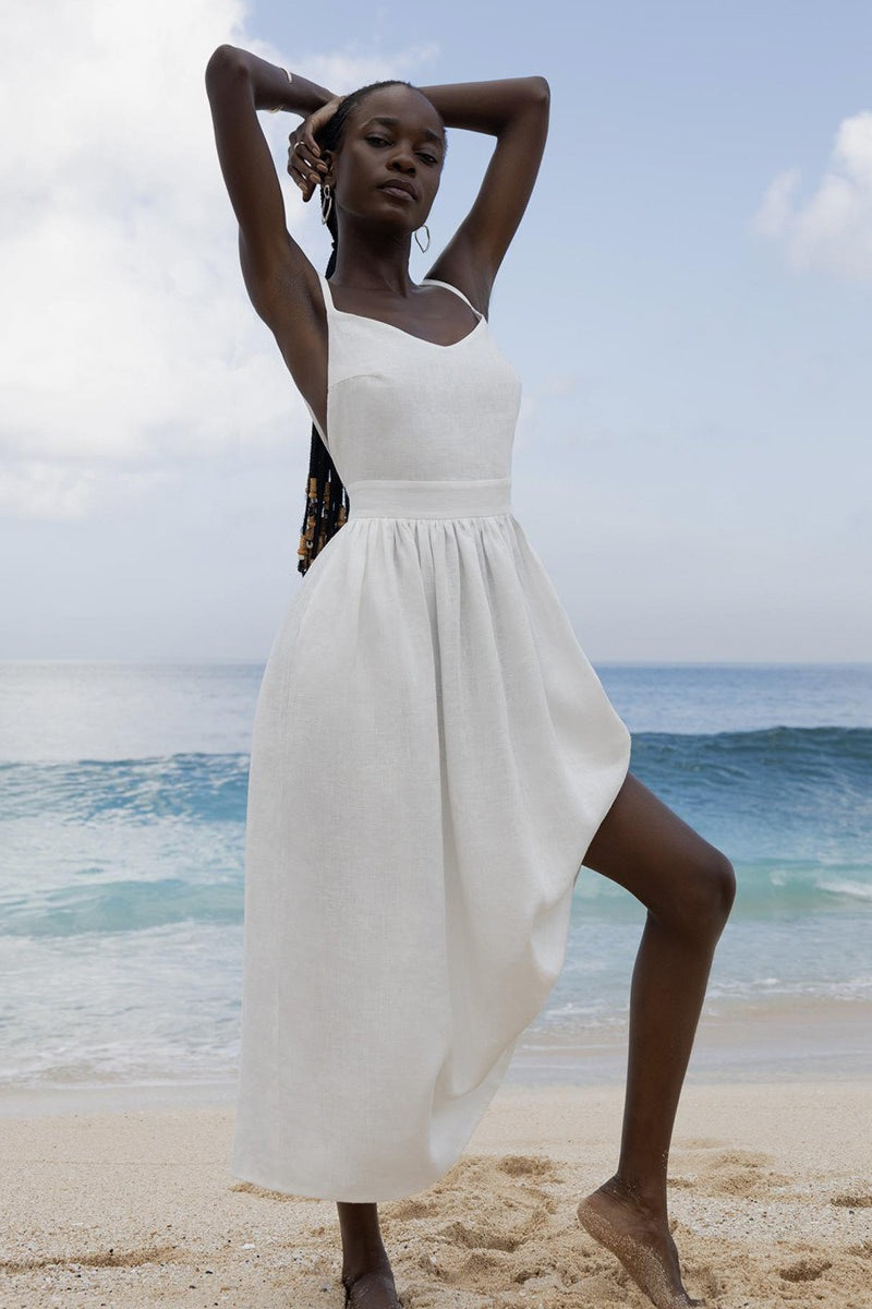 Cotton V Neck Spaghetti Strap Tie Backless Midi Dress