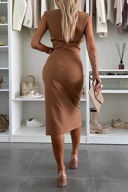 Color Round Neck Sleeveless Slim Fit Slit Midi Dress