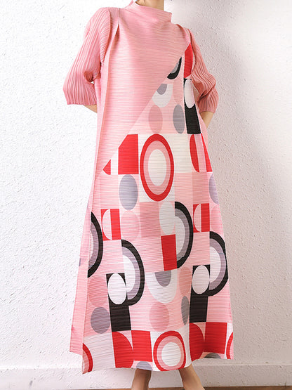 Loose Geometric Printed Pleated Midi Dress