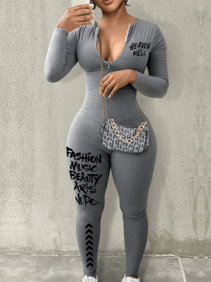 Spring Summer V-neck Long Sleeve Zipper Skinny Sportswear Jumpsuit