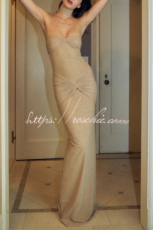 Slightly Translucent Sequined Off-shoulder Slim Fit Fishtail Maxi Dress