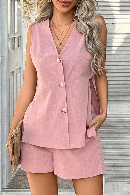 Color Holiday Style V-neck Button Vest and Elastic Waist Pocket Shorts Set