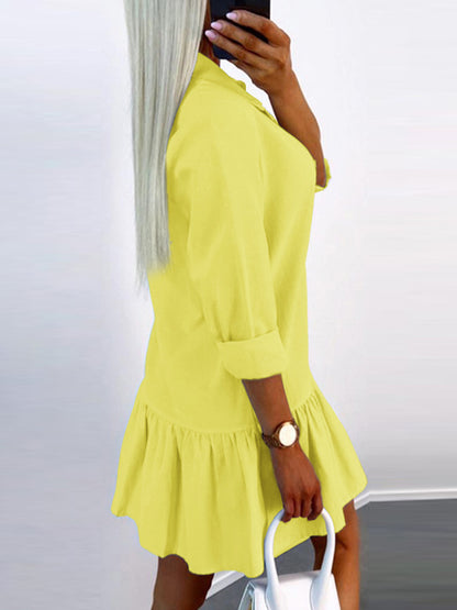 Long Sleeves Loose Buttoned Pleated Color Split-joint Lapel Mini Dresses Shirt Dress