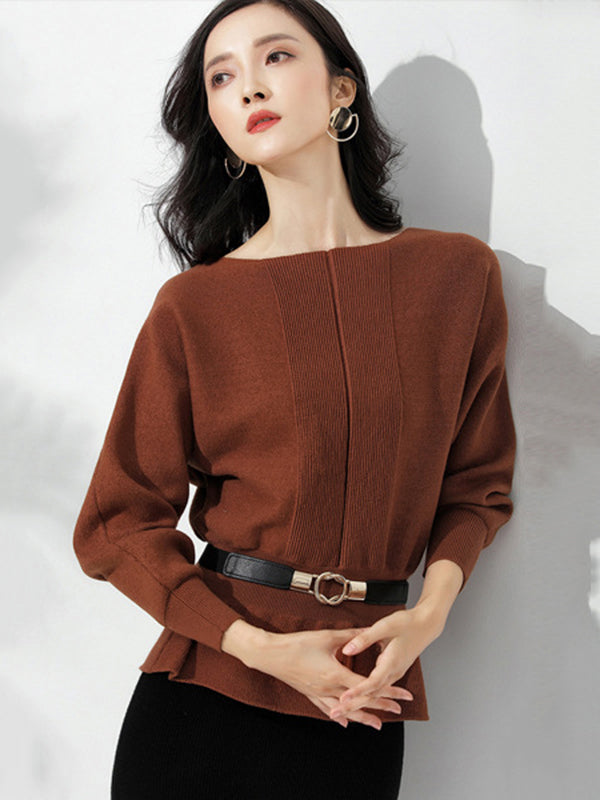 Red Boat Neck Tunic Ruffled Hem Long Sleeve Sweater An1040