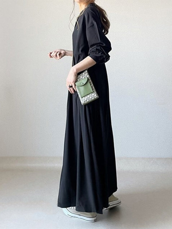 Long Sleeves Loose Pleated Color Split-joint Round-neck Maxi Dresses Shirt Dress