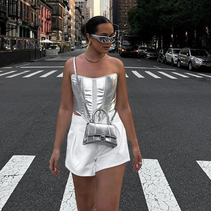 ’s Metallic Vest Top Slim Undercoat Corset Bottoming Shirt Waist Bandage Hot Spring