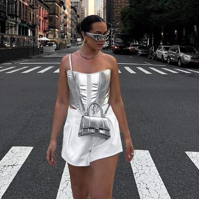 ’s Metallic Vest Top Slim Undercoat Corset Bottoming Shirt Waist Bandage Hot Spring