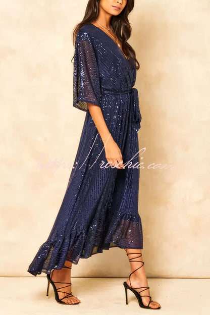 Color Sequined V-neck Waist Tie Loose Maxi Dress