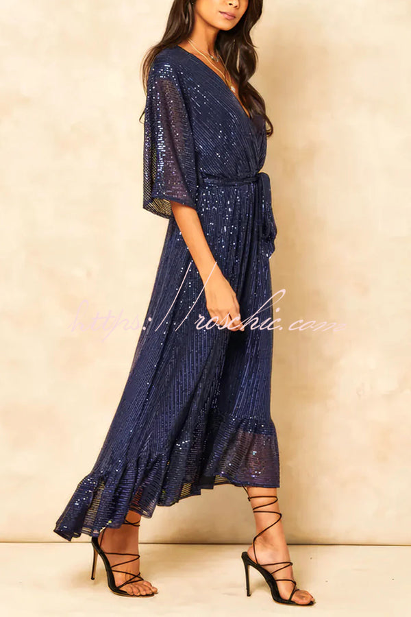 Color Sequined V-neck Waist Tie Loose Maxi Dress