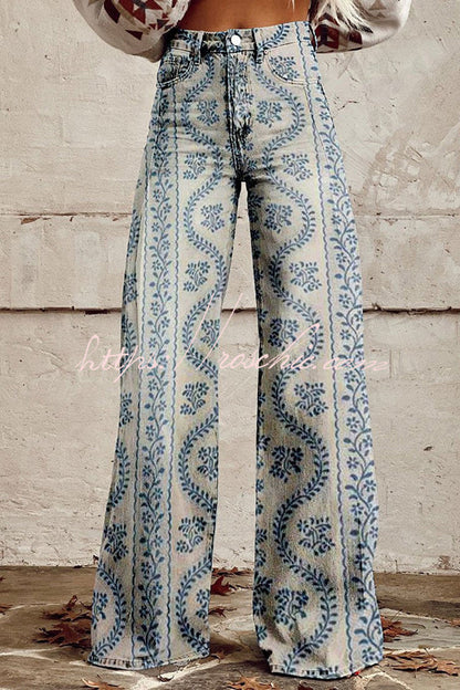 Unique Print Button Pocket Wide Leg Pants