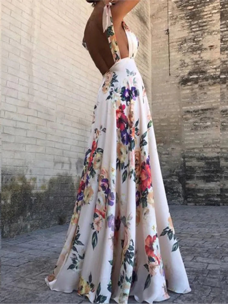 Flower Print Bowknot Leace-up Sleeveless Long Dresses V-neck Backless Evening Party Maxi Dress Spring Summer New