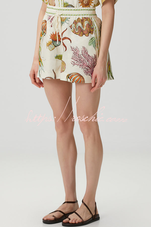 Beach Shell Print Short Sleeve Loose Shirt and Elastic Waist Tie Pocket Shorts Set