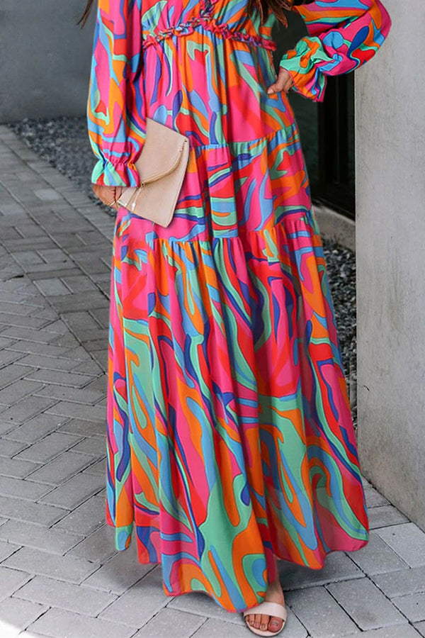Multicolor Print Ruffle Trim Plunge Neckline Maxi Dress