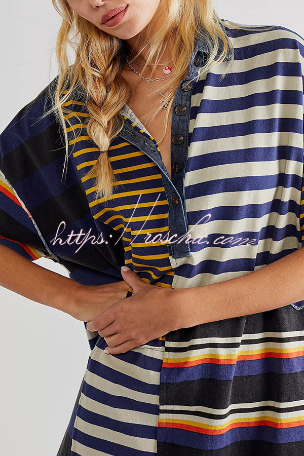Contrast Striped Patchwork Denim Lapel Loose Mini Dress