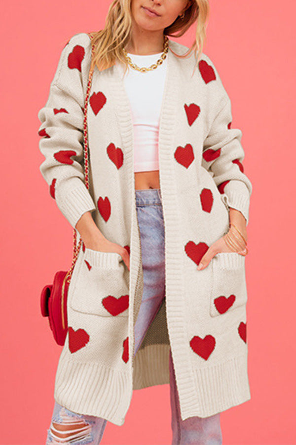 Love Knitted Cardigan Love Pocket V-neck Mid-length Knitted Cardigan