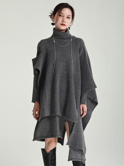 Long Sleeves Loose Color High-neck Shawl&sweater Dresses Two Pieces Set