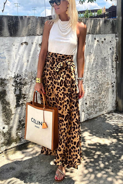 Today��s Journey Satin Leopard Tie Front Elastic Waist Midi Skirt