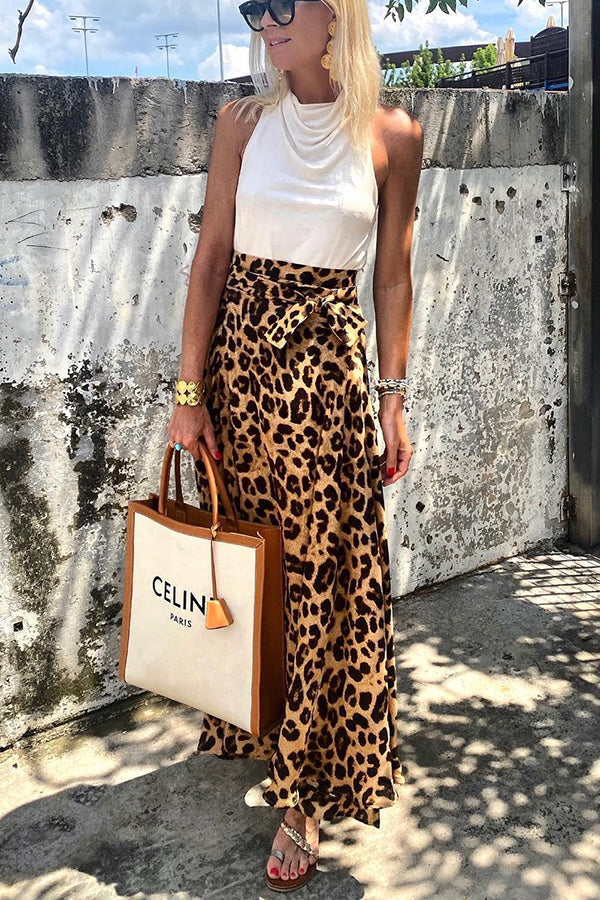 Today��s Journey Satin Leopard Tie Front Elastic Waist Midi Skirt