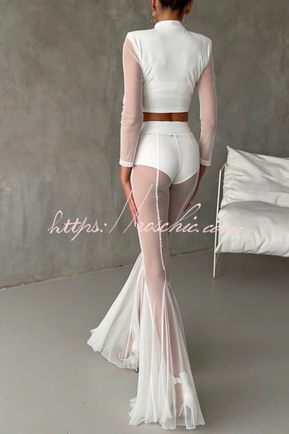 Deep Mesh High Rise Elastic Waist Fishtail Stretch Pants