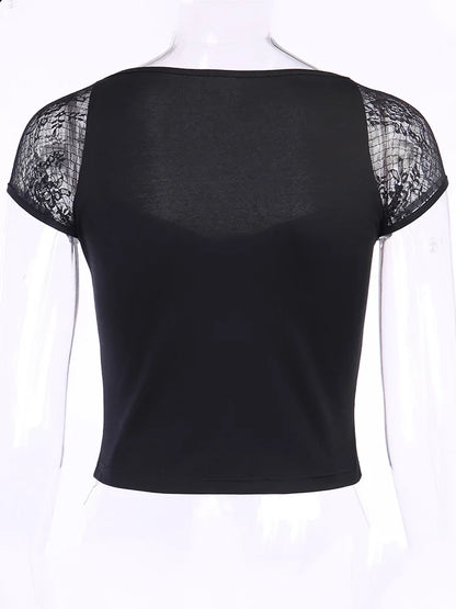 Tops Goth T-shirt Bodycon Bandage Lace Black T-shirts Gothic Female Top Mesh Tee