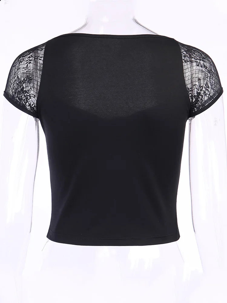 Tops Goth T-shirt Bodycon Bandage Lace Black T-shirts Gothic Female Top Mesh Tee