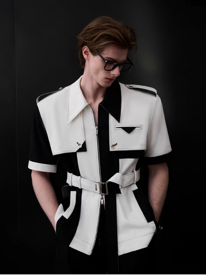 B&w Structured Belted Shirt & Shorts Set