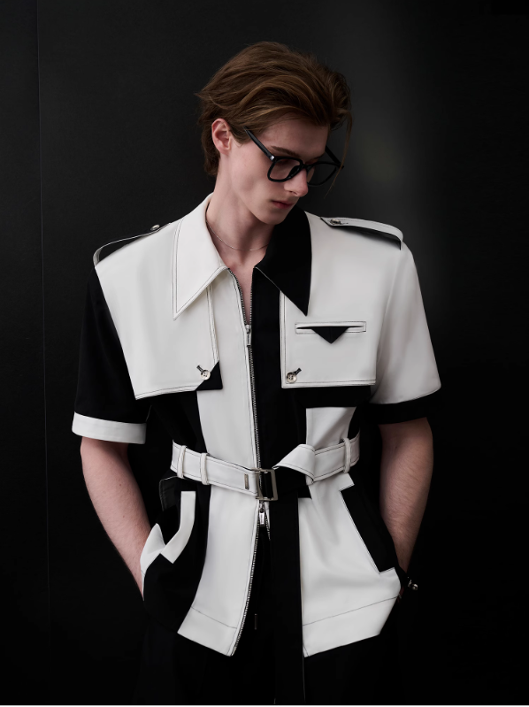 B&w Structured Belted Shirt & Shorts Set